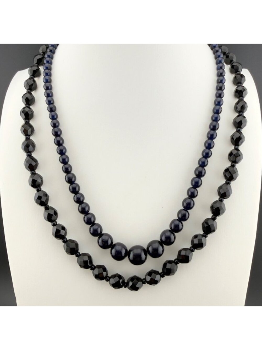 Vintage Glass Bead Necklace Set Faceted Graduated Black Navy Glossy